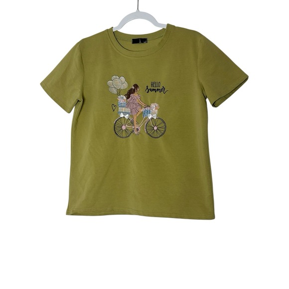 Carolina Tops - Hello Summer Top Women's Medium Short Sleeve Embroidered Coquette Stretch Olive